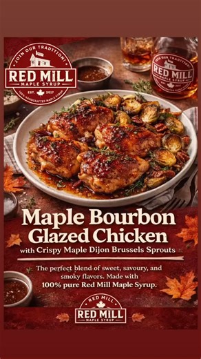 🍁 Sweet Meets Savoury Perfection 🍁 This Maple Bourbon Glazed Chicken with Crispy Maple Dijon Brussels Sprouts is everything we love about cooking with pure maple syrup—rich, bold, and beautifully balanced. From weeknight dinners to holiday tables, this dish proves maple isn’t just for breakfast. ✨ Made with 100% pure Red Mill Maple Syrup 🥃 You can also use our Bourbon Infused Maple Syrup for an even deeper, smoky finish Maple Bourbon Glazed Chicken Ingredients • 4 bone-in chicken thighs (or b