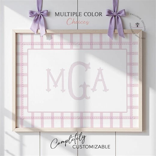 Baby Girl Monogram Nursery Print, Pink Gingham Wall Art, Custom Initial Printable, Preppy Nursery Decor, Personalized Baby Girl Name Sign - Etsy