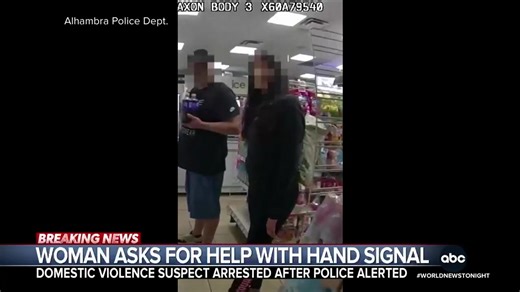 Body camera video shows officers near Los Angeles chasing down and arresting a domestic violence suspect. The pursuit was prompted by a woman, who police say, used a hand signal behind her back while in a 7-Eleven to ask for help. Kayna Whitworth reports. https://abcnews.go.com/ | ABC World News Tonight with David Muir