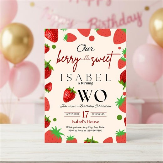 Strawberry Birthday Invitation Template, Berry Sweet Two 2nd Bday Invite Girl, Editable Canva Digital Download, Fruit Theme Party Printable - Etsy
