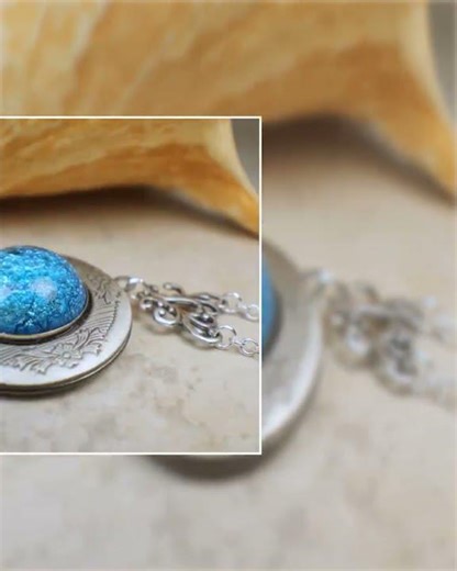 Aqua Glass Opal Photo Locket in Silver
