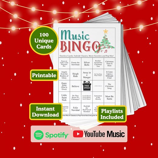 Christmas Music Bingo Game | Printable Holiday Party Game | 100 Unique Cards   QR Playlist | Family, Classroom & Office Fun - Etsy