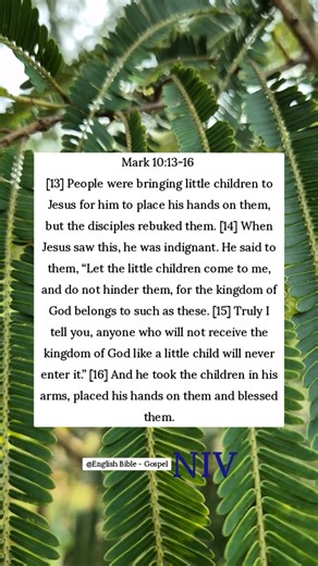 Mark 10:13-16 [13] People were bringing little children to Jesus for him to place his hands on them, but the disciples rebuked them. [14] When Jesus saw this, he was indignant. He said to them, “Let the little children come to me, and do not hinder them, for the kingdom of God belongs to such as these. [15] Truly I tell you, anyone who will not receive the kingdom of God like a little child will never enter it.” [16] And he took the children in his arms, placed his hands on them and blessed them