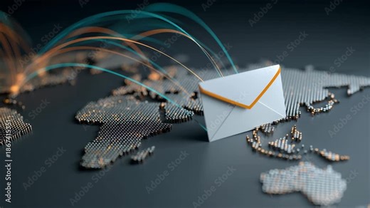 ドット世界地図と通信アークを重ねて広域メール伝送を示す図案