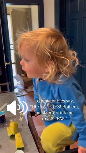 Triplets saying, “PO-TA-TOES! Boil ‘em, mash ‘em, stick ‘em in a STEW.” Gotta start ‘em early. #lotrbaby #tripletmum #nerdbaby #potatoes #boilemmashemstickeminastew | Chelsea Motown Multiples