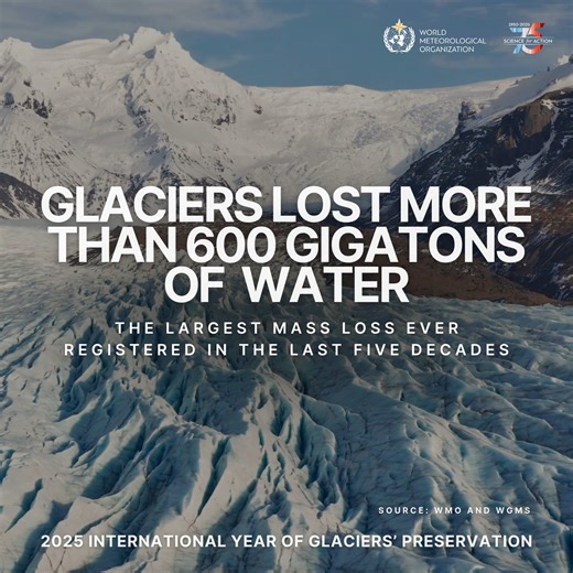 🚨 Over 600 gigatons of glacier mass lost in a single year. This is the largest ice loss in five decades. Melting glaciers are more than a symptom of climate change — they are a source of life, water, and balance for millions downstream. 📊 Source: WMO State of Global Water Resources 2023 🔗 https://bit.ly/3EQt2j8 #Glaciers2025 | World Meteorological Organization