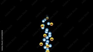 Animation footage of social media emoticon Like button and Laugh reaction icon come from bottom to above screen on transparent background (alpha channel)