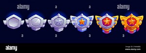 Military game level badge, rank rate medal progression for video game UI or app development projects. Cartoon vector metal silver and golden winged shields convey advancement, success and achievement Stock Vector Image & Art - Alamy