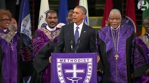Barack Obama sings Amazing Grace during his eulogy for state senator and reverend Clementa Pinckney, who was killed at a church with eight other churchgoers last week in Charleston. As Obama started singing, the arena burst into song alongside him http://gu.com/p/4a6pp/us | Guardian US
