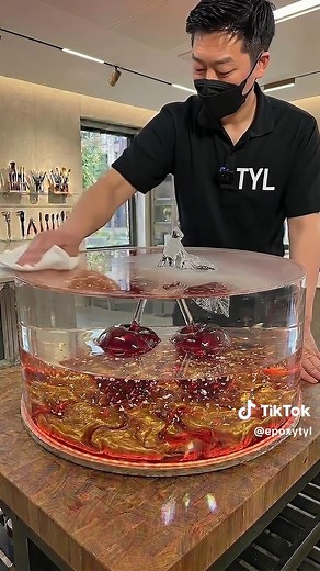 3D Crystal Cherry Epoxy Table — Marble Swirl Resin Transformation