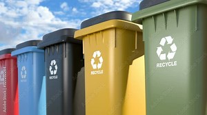 Colorful plastic trash cans with a logo recycling looped animation on a blue sky background. Symbol of recycling, waste sorting and saving the environment. 4k, Ultra HD 3840x2160