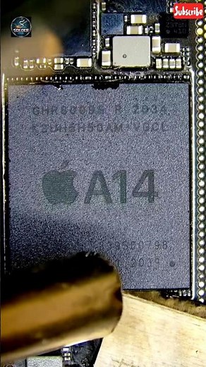 The video displays an Apple A14 Bionic system-on-a-chip (SoC). This chip is part of the Apple silico
