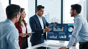 Business executives reviewing market performance analytics on a digital dashboard, emphasizing benchmarking, financial trends, and strategic decision-making in a corporate environment