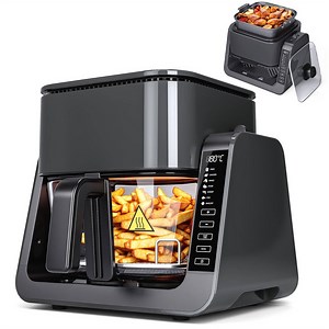 Advwin Dual Zone Air Fryer & BBQ Grill | Oil-less Top Grill & Bottom Fryer, 6L Digital Touch Screen Cooker, Grey