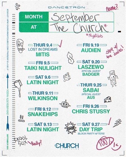 September = vibes unlocked. 🔑 Melodic bass to move your soul, house to light up the dance floor, Latin nights bringing the heat, and D&B anthems for every raver in the city. Your weekends are officially booked. 🪩 churchnightclubco.com/events | The Church Nightclub