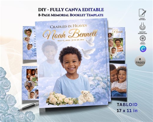 Baby Boy Funeral Program, 8-Page Blue Homegoing Celebration of Life, 17x11 Tabloid Obituary (Canva)
