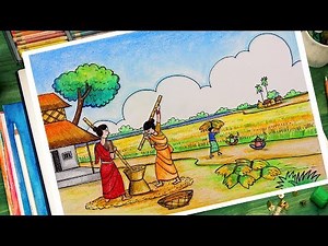 How to Draw Late Autumn Season Scenery Very Easy | গ্রামের দৃশ্য আঁকা | দৃশ্য আঁকা