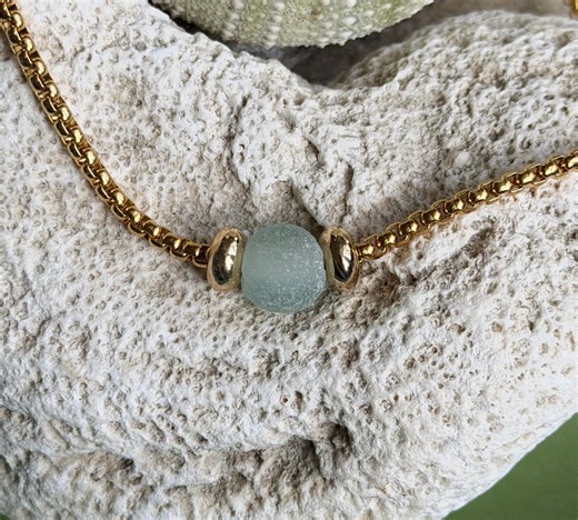 Sea Glass Necklace-sea Foam Green Sea Glass Marble on a 18k Gold Plate Chain With 18k Gold Plated Beads - Etsy