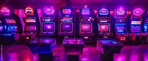 Arcade video games in an empty dark game room, with neon lights glowing softly, casting colorful reflections on the shiny floor