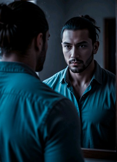 Use the physical appearance, facial details, body shape taken from image uploaded and generated into : A strikingly handsome young man in his early 30's, rugged and rebellious vibe, intense piercing dark brown eyes. Ultra-realistic cinematic mirror portrait of a young man standing close to a wall-mounted wooden mirror, the camera positioned behind his shoulder so the back of his head and shoulder appear softly blurred in the foreground while his face is sharply visible in the mirror reflection. 