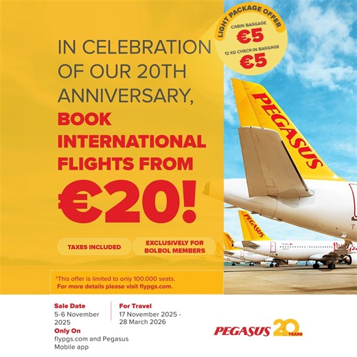 20 years ago, we took off on our very first scheduled flight and we’re celebrating this special milestone with an amazing international sale! ✈️ Book your international tickets from just €20, exclusively for BolBol members, and explore your dream destinations between 17 November 2025 – 28 March 2026. Plus, for only €5, you can add a cabin bag or 12 kg checked baggage to your Light Package. 💛 Tips for Booking Your Promotional Ticket 👇 ✈️ First, make sure you log in to your BolBol account. ✈️ Th