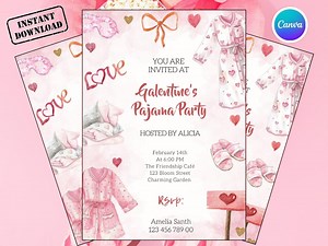 Galentine Pajama Party Invitation Template, Editable Canva Girls Night Sleepover Invite, Valentine Pajama Party Flyer, Instant Download - Etsy