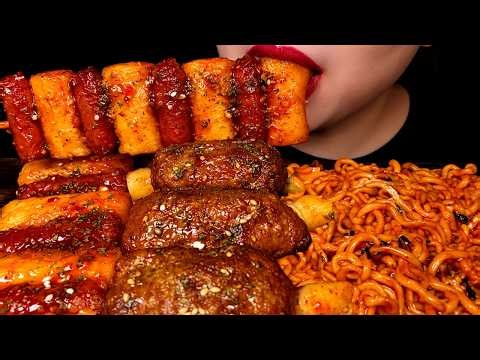 ASMR SPICY Buldak Noodles 🔥 JUICY Beef Rolls & CHEWY Rice Cake Sausage Skewers