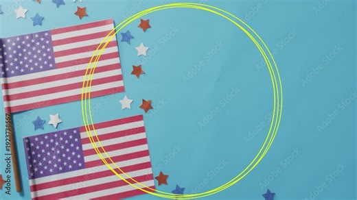 Yellow guideline starting neon rings forming and rotating beside US flags creating open circle area