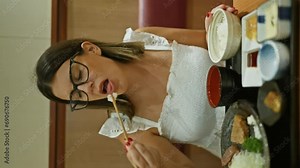 Brunette hispanic woman's restaurant portrait, enjoying a gourmet gyukatsu dinner in modern cafe, female wearing glasses savoring delicious japanese katsu