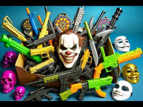 Ultimate Toy Guns Box! Sniper Rifle, AK47, Golden Pistols, Scary Clown Mask, Machete & More!