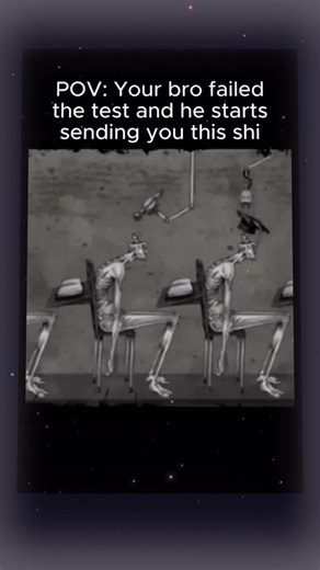 Uncrustamemes on Instagram: "This 12-second video features a black-and-white animation of gaunt, skeletal figures seated at school desks, moving in a synchronized, mechanical rhythm. The scene is set to a somber, slowed-down track, while the overlay text reads: “POV: Your bro failed the test and he starts sending you this shi.” The humor is rooted in the “brain rot” aesthetic, using unsettling and surreal imagery to represent an exaggerated emotional state. By equating a common academic failure