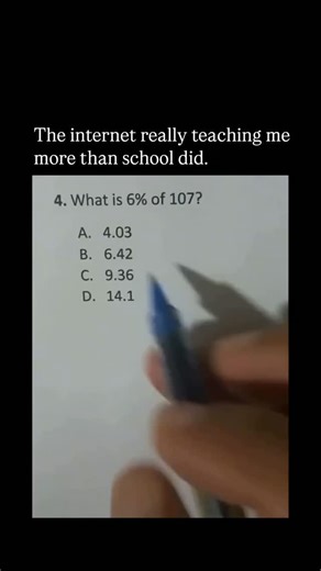 Innofy.io on Instagram: "This is equivalent to the standard method: 6% of 107 = 107 × 0.06 = (100 + 7) × 0.06 = (100 × 0.06) + (7 × 0.06) = 6 + 0.42 = 6.42 Or directly: 107 × 6 ÷ 100 = 642 ÷ 100 = 6.42 It's a handy shortcut for percentages slightly over a round number, especially in mental math. The post has gained significant engagement (over 2M views, 5K likes), with replies praising the trick, noting even simpler ways (e.g., 6% of 100 is 6, so it must start with 6, eliminating most options),