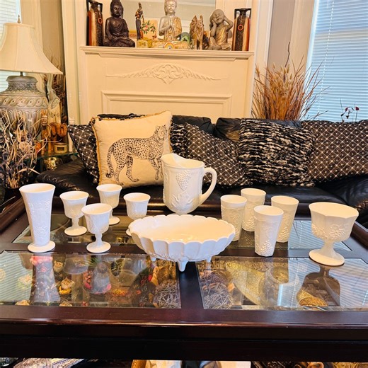 Vintage Indiana Glass Harvest Grape Milk Glass Set | Mid-century Barware - Etsy