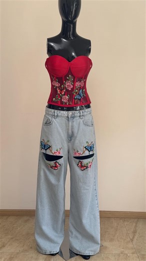 Beaded Corset and Embroidered Jeans Set – Handmade Floral Corset Outfit – Statement Two Piece Outfit - Etsy