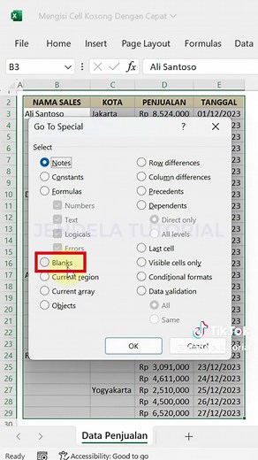 Mengisi Cell Kosong Dengan Cepat di Excel 🖋✨ Halo semua! 👋 Kali ini, kita akan belajar cara praktis mengisi cell kosong di Excel dengan cepat dan efisien. Metode ini sangat membantu ketika kamu memiliki data yang tidak lengkap atau cell yang kosong di tengah tabel. Yuk, simak langkah-langkahnya! 🚀 Langkah-Langkahnya: 1. Blok seluruh data Pilih area data yang ingin kamu cek dan isi cell kosongnya. Pastikan seluruh range sudah disorot. 2. Tekan F5 dan pilih Special Setelah memblok data, tekan t