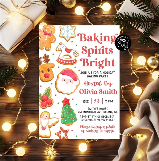 Editable Cookie Christmas Party Invitation Baking Spirits Bright Invitation Template Cookie Exchange Invitation Cookie Exchange Party Invite - Etsy