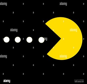 Pac-Man eating white balls, video game theme illustration. Retro games in the history of game industry Stock Photo - Alamy