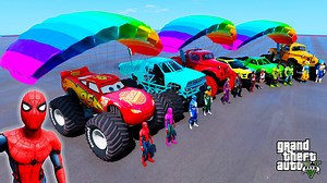 Carros gigantes con Spiderman, Hulk, Goku, Power ranger y Joker en doble rampa con carros voladores GTA 5 | Edher Vela