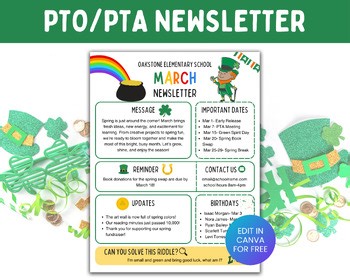 PTO PTA March Monthly Newsletter Template Editable