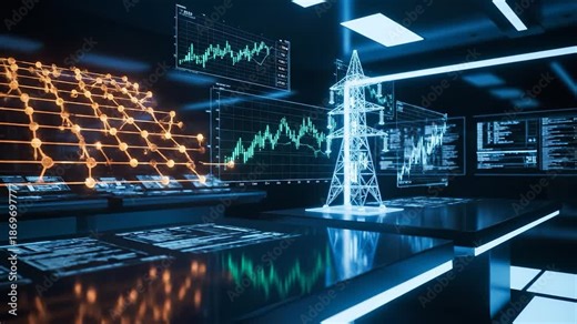 Hologram grid and tower visualization. Live data analysis shows network graphs and power trends. Monitoring control panels display energy metrics and alerts. Neon lighting reflects on control table. vídeo de Stock