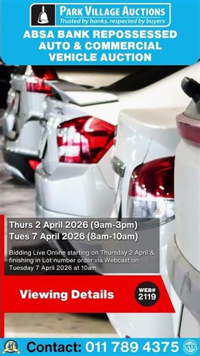 ABSA Bank Repossessed Vehicle Auction. Boksburg. Webcast