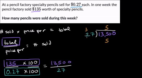 Dividing whole numbers by decimals (hundredths) -pencils