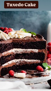 Tuxedo Cake dresses for the occasion, with layers of rich & moist chocolate cake, chocolate frosting, and whipped white chocolate ganache filling! TO GET THE FULL RECIPE - Googl “blue bowl tuxedo cake” or tap the 🔗 in my profile @bluebowlrecipes — https://bluebowlrecipes.com/tuxedo-cake-with-whipped-white-chocolate-ganache/ #chocolatecakes #valentinescake #chocolatelove #layercake #cakedecoratingvideos #chocolatedessert | Stephanie Simmons