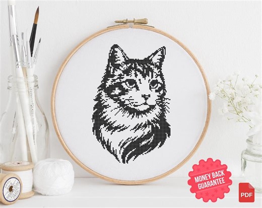 Monochrome Cat Portrait Cross Stitch Pattern PDF | Black and White Cat - Etsy