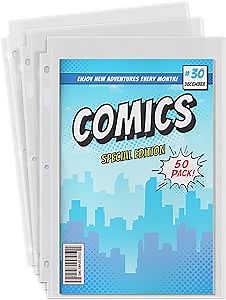 Dunwell Comic Book Binder Sleeves - (50 Pack), Super Heavyweight Protector Sheets, 3-Hole Punched for Comic Book Storage Album or Standard 3-Ring Binder, Archival Quality for Collectors