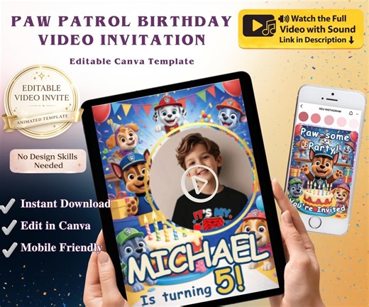 Paw Patrol Animated Video Invitation | Editable Canva Kids Birthday Invite (digital Download) - Etsy