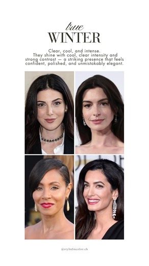Can you tell the differences between the Winter seasons? ❄️🖤💎🤍 Winter is the most striking and confident group in color analysis — cool, clear, and full of contrast. While all Winters share that crisp, powerful energy, each season has its own distinct mood. 🤍 True Winter – Clean, bold, and elegant. Think jewel tones, high contrast, and classic elegance. Strong, confident, and unmistakably cool. ❄️ Cool Winter – cool, icy and chic. A little softer in presence but still very cool and composed.