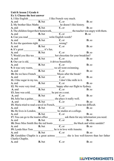 Conjunctions unit 8 grade 6 worksheet