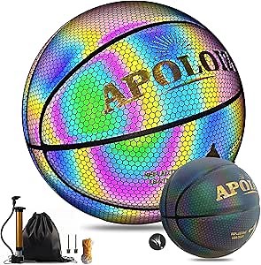 Apoloiz Reflective Basketball, Glowing Luminous Basketball for Night Game, Holographic Glow Basketball, Outdoor Indoor Use, Gifts for Boys Girls, Glowing Effect for Night Play (with Pump)