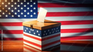 Ballot box with American flag design and voting paper on a wooden table. United States flag waving in the background. Election and voting concept.